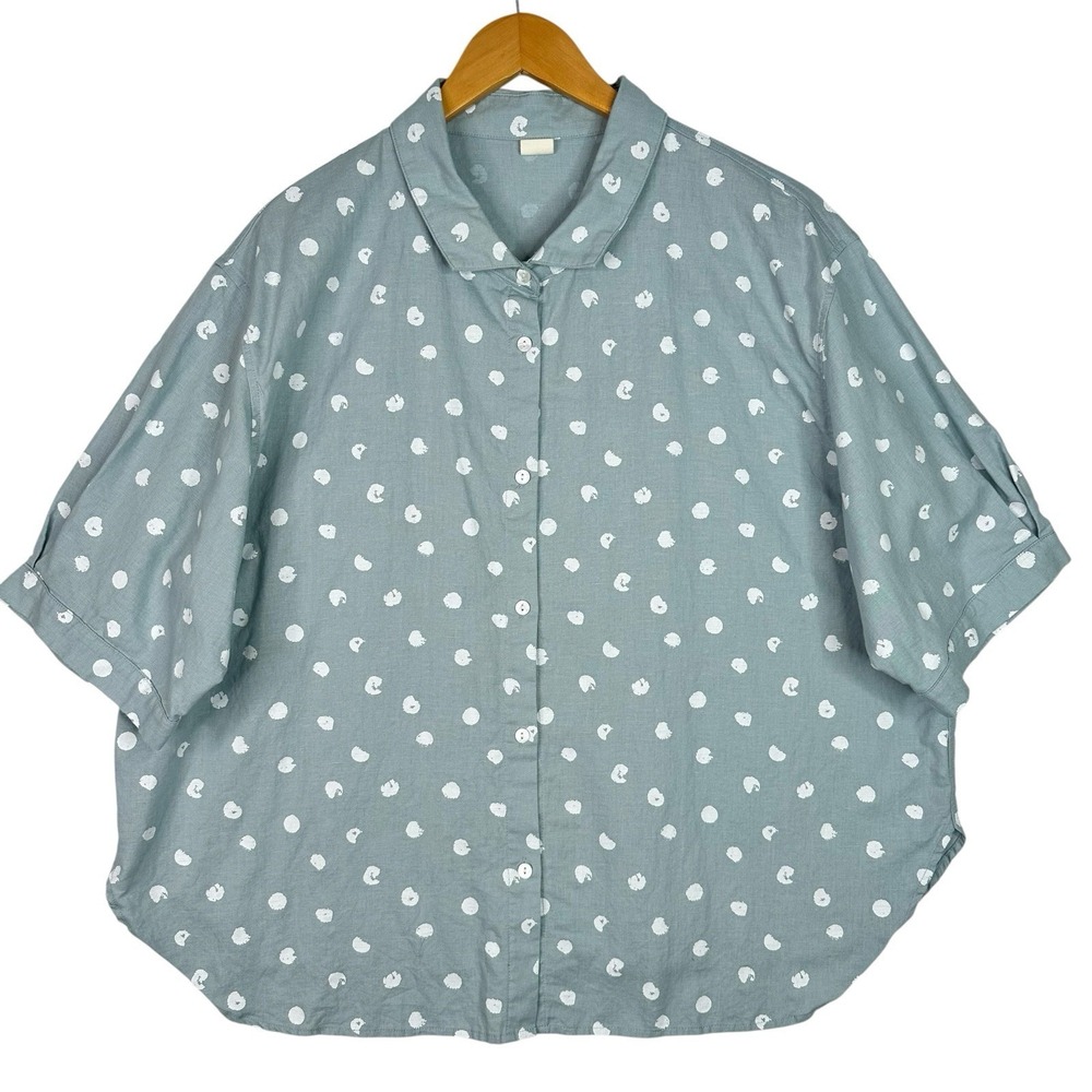 Lintico Womens Linen Blend Boxy Button Down Shirt XXL Blue White Polka Dot